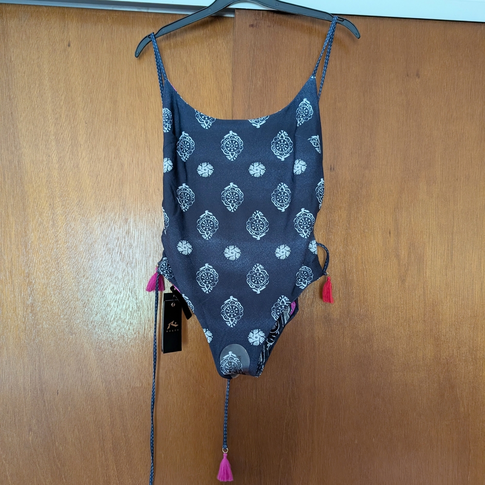 Rusty Blue Boho Reversible One Piece Swimsuit Bathing Suit NEW Size 12
